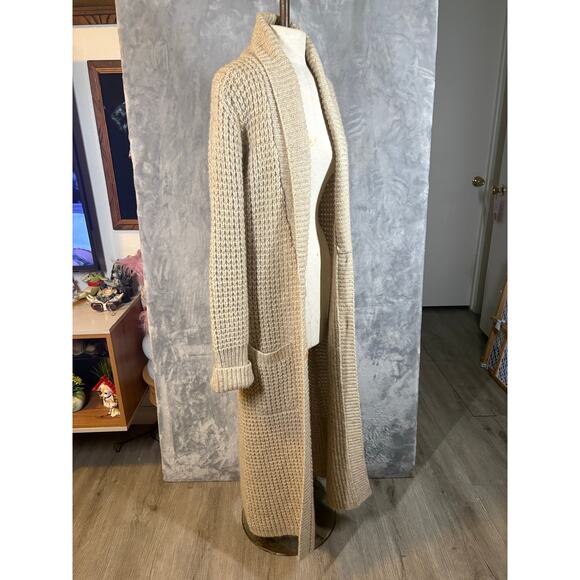 Vintage 70's Maxi Chunky Knit Mohair Wool Cardigan Beige 2 Button Casual Sweater - Picture 14 of 16